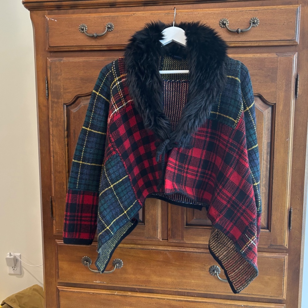 Ralph Lauren Girls Plaid Poncho Sweater with Faux Fur Collar - Red, Green, Black